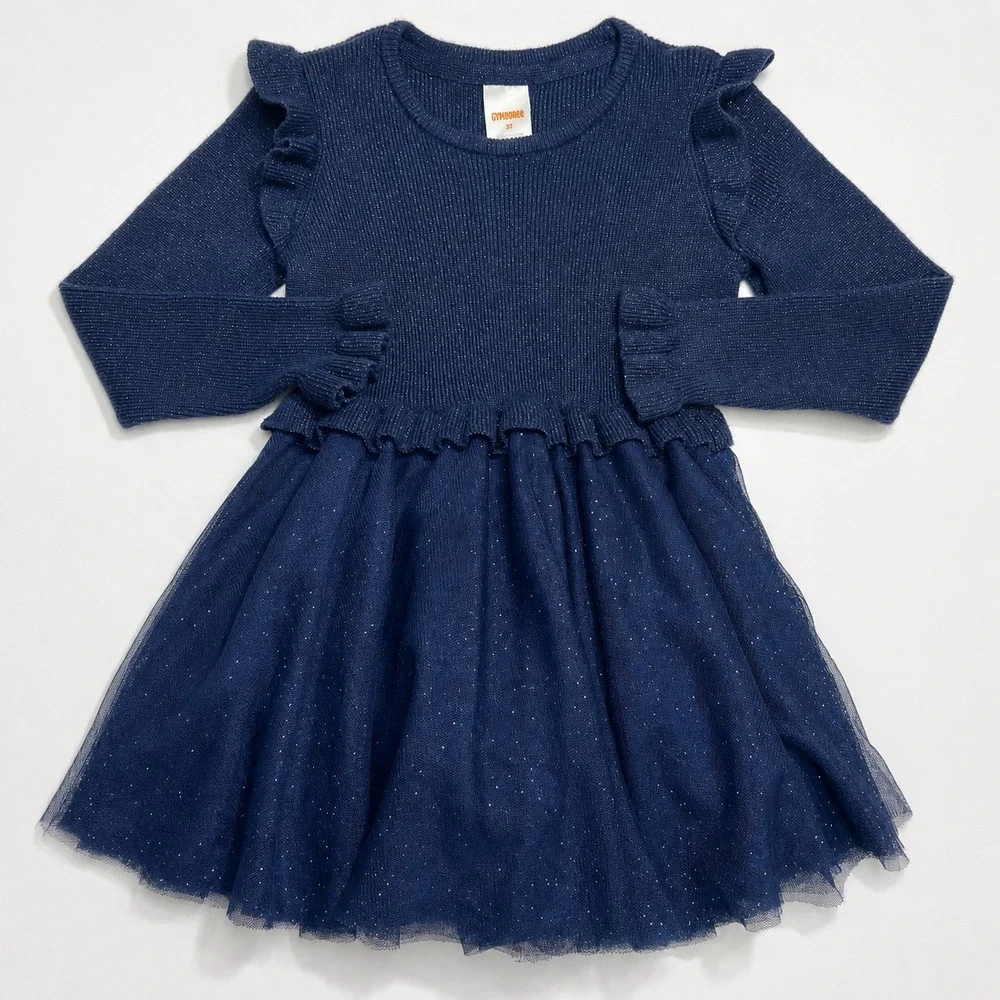 Gymboree Girls 3T Navy Glitter Knit Tutu Dress Ruffle Sleeve Holiday Christmas